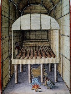 原住民の生活、死者の埋葬、テオドール・デ・ブライ（1528-1598）の彫刻、トーマス・ハリオット（1560-1621）の「Admiranda Narratio, trust tamen, commodis et de incolarvm ritibvs Virginia」より、北米。 作： Theodore de Bry