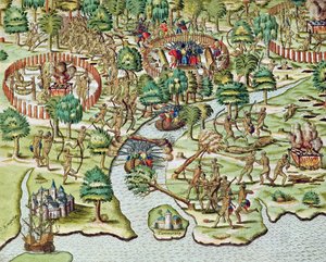 包囲と攻撃の方法、「アメリカターティアパース...」、1592年 作： Theodore de Bry