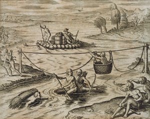 川の急流を下るネイティブ・アメリカン・インディアン（セオドア・デ・ブライ作 作： Theodore de Bry