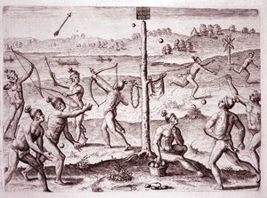 走る、矢を射る、ボールを投げるなどの練習をするネイティブ・アメリカン（フロリダ州） (Engraving) 作： Theodore de Bry
