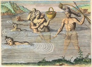 フロリダの原住民：島から島へと泳ぐ一家。アメリカ編」より 作： Theodore de Bry