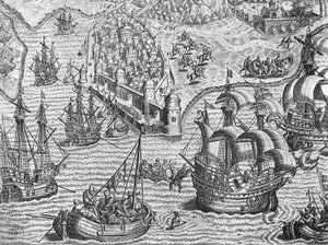 海戦、フランクフルトのテオドール・デ・ブライ（1528-1598）の『アメリカ史』からのエングレービング