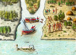 16世紀の南アメリカにおけるフランス人の航海」。クジラが描かれています。テオドール・デ・ブライ（1528-1598）「アメリカ史」よりエングレーヴィング 16世紀 個人蔵