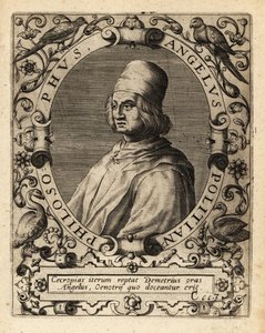 イタリアの古典学者、ポリツィアーノ。 作： Theodore de Bry