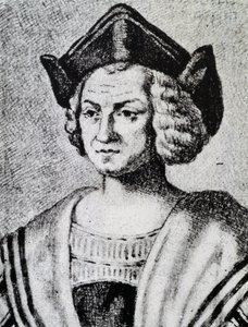 クリストファー・コロンブス（1451-1506）の肖像、セオドア・デ・ブライ（1528-1598）による彫刻 作： Theodore de Bry