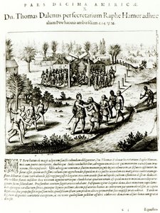 ラルフハモールがポウハタンを訪問、1619（彫刻）（bw写真） 作： Theodore de Bry