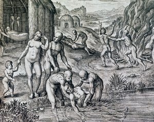 テオドール・デ・ブライ（1528-1598）の『ヒストリア・アメリカ』に掲載されている原住民が病気にかかったときに使用した治療法の版画（フランクフルト）。