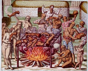 ブラジルでのカニバリズムの様子 インディアンが敵や捕虜を貪る様子。Theodore de Bry（1528-1598）の「Admirante Narratio Americae」からの版画。