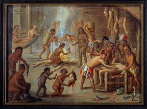 1644年のブラジルでのカニバリズムの様子 インディアンは敵や捕虜を食い尽くした。ヤン・ファン・ケッセル（1626-1679）（ec.flam.）による、セオドア・デ・ブライのブラジル旅行の挿絵より。日。0,18x0,24 m La Rochelle, musee d