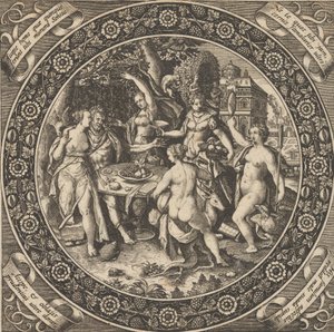 1580年から1600年、中央の円の中で愛の饗宴があるシーン。 作： Theodore de Bry