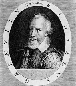 リチャード・グレンヴィル卿（1541-91年頃）、ヨハン・ルートヴィヒ・ゴットフリードの「新世界とアメリカの歴史」より、マタイウス・メリアン発行、1631年、フランクフルト 作： Theodore de Bry