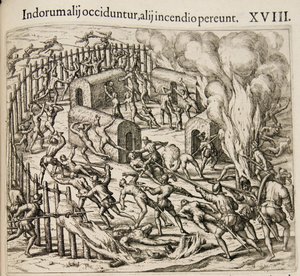 一部のインディアンは殺され、一部は火事で亡くなっています。差出人：Americae pars qvarta 作： Theodore de Bry