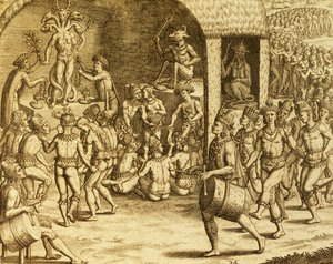 南米の先住民族の宗教儀式、フランクフルトのテオドール・デ・ブライ（1528-1598）の『Historia americae』からの版画 作： Theodore de Bry