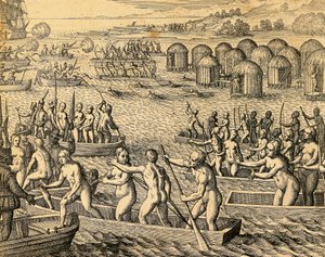 征服者の船を襲う南米の原住民たち 作： Theodore de Bry
