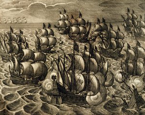 ロドリゴ・メンドーサのスペイン艦隊司令部、セオドア・デ・ブライ（1528-1598）の彫刻、セオドア・デ・ブライのアメリカ史（スペイン、1602年）より引用 作： Theodore de Bry