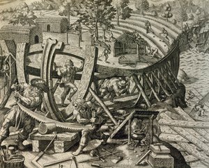 テオドール・デ・ブライ（1528-1598）の『Historia Americae』から、スペインの船員がカラベルを建造する様子を描いた版画。 作： Theodore de Bry