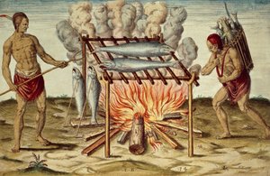 魚を調理するタイノ族の原住民、ジョン・ホワイトの絵からテオドール・デ・ブライ（1528-1598）が作成したカラー彫刻、『Brief and true report of new found land of Virginia』より。 作： Theodore de Bry