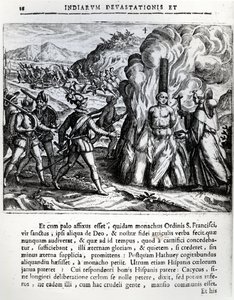 1564年2月2日、キューバのヤラでスペイン人によるHatueyの燃焼 作： Theodore de Bry