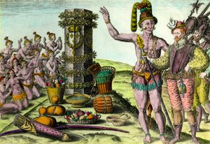 フランス人航海士ジャン・リボー(1520-1565)による第一次フロリダ遠征の際のエリジー列島からフロリダ人がやってきた セオドア・デ・ブライ(1528-1598)の「アメリカ史」からの挿絵 16世紀 個人蔵 作： Theodore de Bry