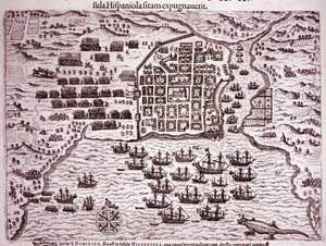 サント・ドミンゴ島を占拠したフランシス・ドレーク艦隊 (Engraving) 作： Theodore de Bry