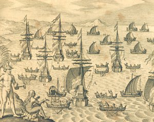 盗賊の島」セオドア・デ・ブライの「アメリカ史」の版画、北アメリカ17世紀。 作： Theodore de Bry
