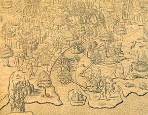 内陸部に向かって突き進んだポルトガル人は、地元の部族に襲われる。 作： Theodore de Bry