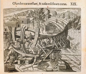 新世界で最初の船を建造するスペイン人。テオドール・デ・ブライ（1528-1598）の版画「Americae pars quarta, sive, Insignis et admiranda historia de reperta primum Occidentali India Christophoro Columbo」（ジロラモ・ベンゾーニ著）より 作： Theodore de Bry