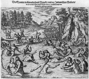 1532年にアタワルパ王（1502-33年頃）を占領したスペイン人がインド人女性を虐待している 作： Theodore de Bry