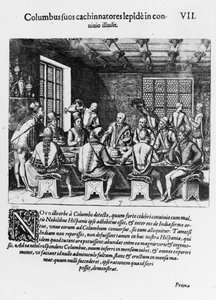 クリストファーコロンブスの卵の物語（1450-1506）1585-88（彫刻）（bw写真） 作： Theodore de Bry