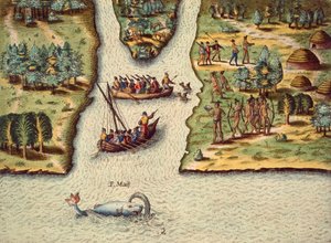 The Discourse of Florida』に掲載されているTheodore de Bry（1528-1598）の版画「フランス人の到着」。 作： Theodore de Bry