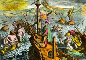 イタリアの航海士アメリゴ・ヴェスプッチ（1454-1512）の船 作： Theodore de Bry