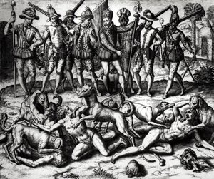 インディアンを攻撃するバスコ・ヌネス・デ・バルボア（1475-1571）の犬