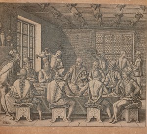 テオドール・デ・ブライ（1528-1598）による「コロンブスの卵」（ジローラモ・ベンゾーニ著『Americae pars quarta, sive, Insignis et admiranda historia de reperta primum Occidentali India Christophoro Columbo』より）。 作： Theodore de Bry