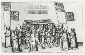 セントポールズ大聖堂に向かう途中のフィリップシドニー卿の葬儀場、1587年 作： Theodore de Bry