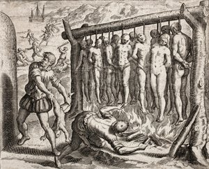バルトロメ・デ・ラスカサスの「Narratio regionum indicarum per Hispanos quosdam devastatarum verissima」から、スペイン人入植者がインディアンに加えた罪を描いた13人の絞首刑と焼身自殺の図。 作： Theodore de Bry
