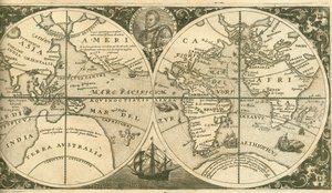 フランシスドレイクと彼の船、ゴールデンハインドのポートレートを含むアメリカパースVIIIのタイトルページ1 作： Theodore de Bry