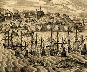 テオドール・デ・ブライ（1528-1598）の『Historia Americae』からメキシコのアカプルコ港の眺めを描いたもので、フランクフルトにある。 作： Theodore de Bry