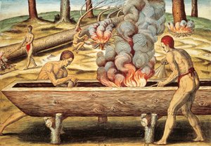 ピロガを作るバージニア州の人々 作： Theodore de Bry