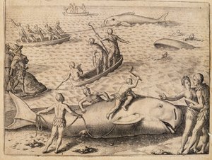スピッツベルゲン付近での捕鯨、テオドール・デ・ブライ（1528-1598）の版画、『India Orientalis（東インド）』より 作： Theodore de Bry