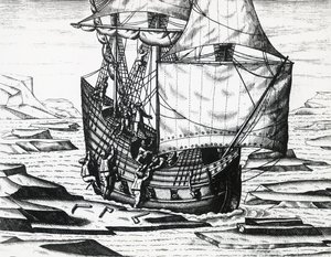 ウィリアム・バレンツ（1550年頃～1597年）の船（北東航路を求めてオランダが行った第3次遠征時）、テオドール・デ・ブライ（1528年～1598年）作、エングレービング 作： Theodore de Bry