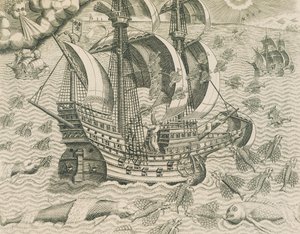インド洋に生息する翼のある魚、セオドア・デ・ブライのアメリカ史からのイラスト 作： Theodore de Bry