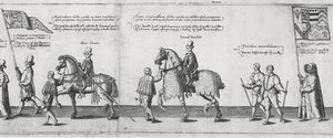 1587年、セントポールズ大聖堂に向かう途中、フィリップシドニー卿の葬儀に参加したヨーメン 作： Theodore de Bry