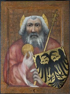 シャルルマーニュ、シャルル大帝、フランク王国の王、プラハのテオドリック（1360-1380年頃活躍）。パネルにテンペラ 作： Theodoricus of Prague