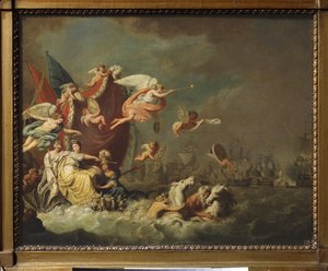 Chesme (または Tchesme または Chesma、トルコ) の勝利の寓意。 (1770 年 7 月 5 日から 7 日までの海戦、露土戦争のエピソード 作： Theodorus de Roode