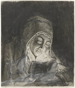 ろうそくの明かりで読書する女性 作： Theodorus de Roode