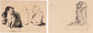 猫（直腸）; 抱きしめる 2 人の人物のスケッチ (裏面) 作： Theodule Ribot