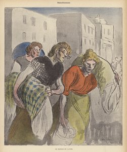 洗濯機から戻ってくる洗濯婦（カラーリトグラフ 作： Theophile Alexandre (after) Steinlen
