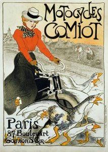 Comiot motorcyclesの広告ポスター。原付に乗った若い女性がガチョウの群れの中を転がっています。Theophile Alexandre Steinlen（1859-1923）のポスター。1899.パリ、装飾美術。 作： Théophile Alexandre Steinlen