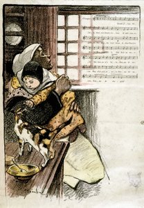 女性に抱かれた子供が猫と遊んでいる様子（イラスト楽譜のためのスタインレン、S.D. 19e s. 作： Théophile Alexandre Steinlen