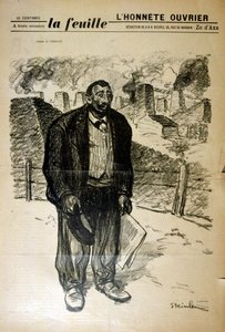スイス生まれのフランス人アール・ヌーヴォー画家・版画家、アレクサンドル・シュタインレン（1859-1923）による、工業地帯の風景を背景にした貧しい工場労働者のドローイング。 作： Théophile Alexandre Steinlen